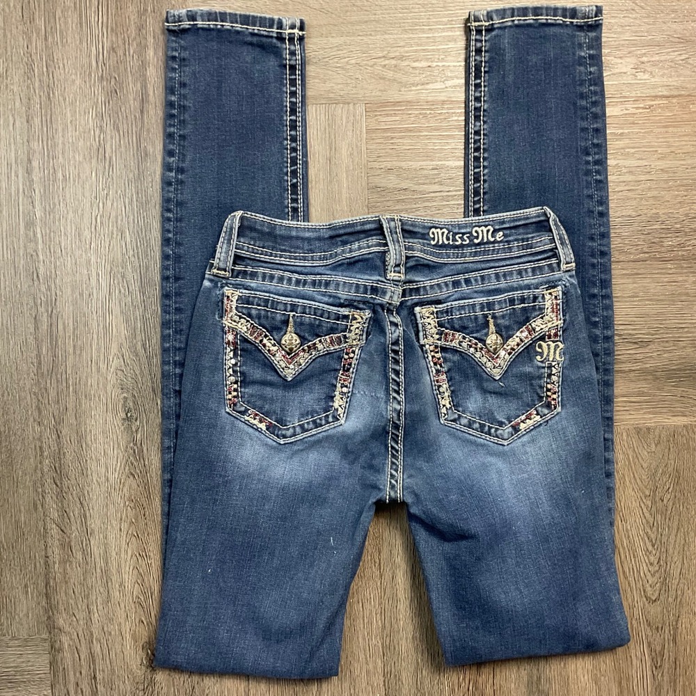 Miss Me Super Skinny Crystal Bling Embellished Jeans Girls 14 Blue Coquette Y2K - Picture 2 of 8